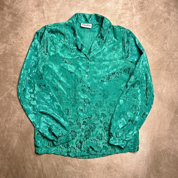 Vintage 80s Caribou Teal Green Floral Satin Blouse Puffy Sleeve Button Up Rococo - Picture 1 of 6